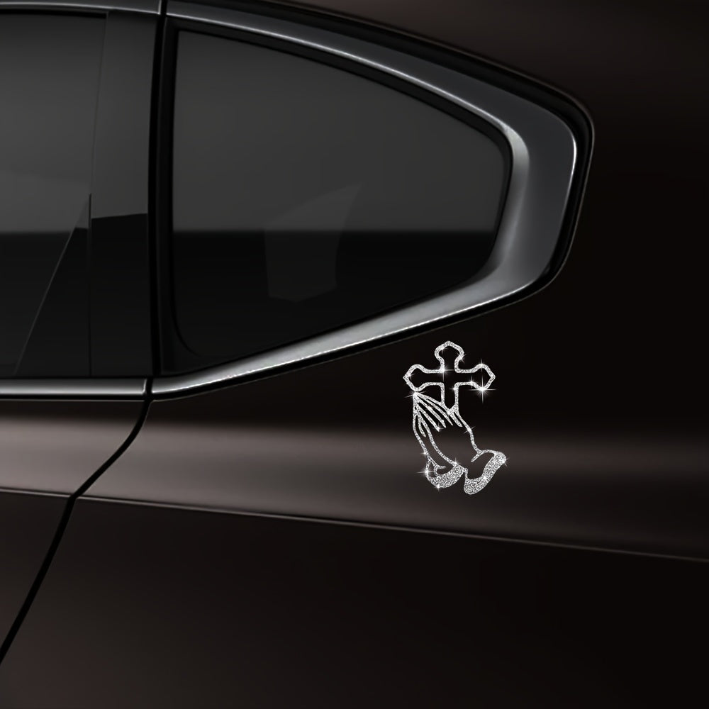 A Shiny Sticker Of A Cross With Hands Clasped In Prayer For Cars