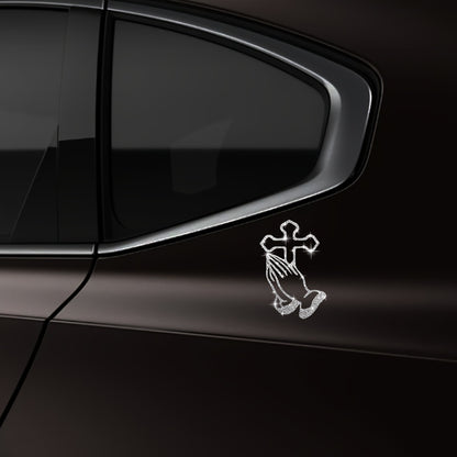 A Shiny Sticker Of A Cross With Hands Clasped In Prayer For Cars