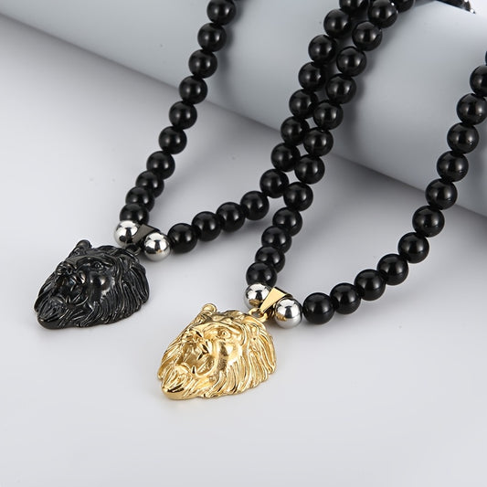 Lion Head Pendant Necklace with 8mm Black Agate Beads - Stainless Steel, 18K Golden Plated