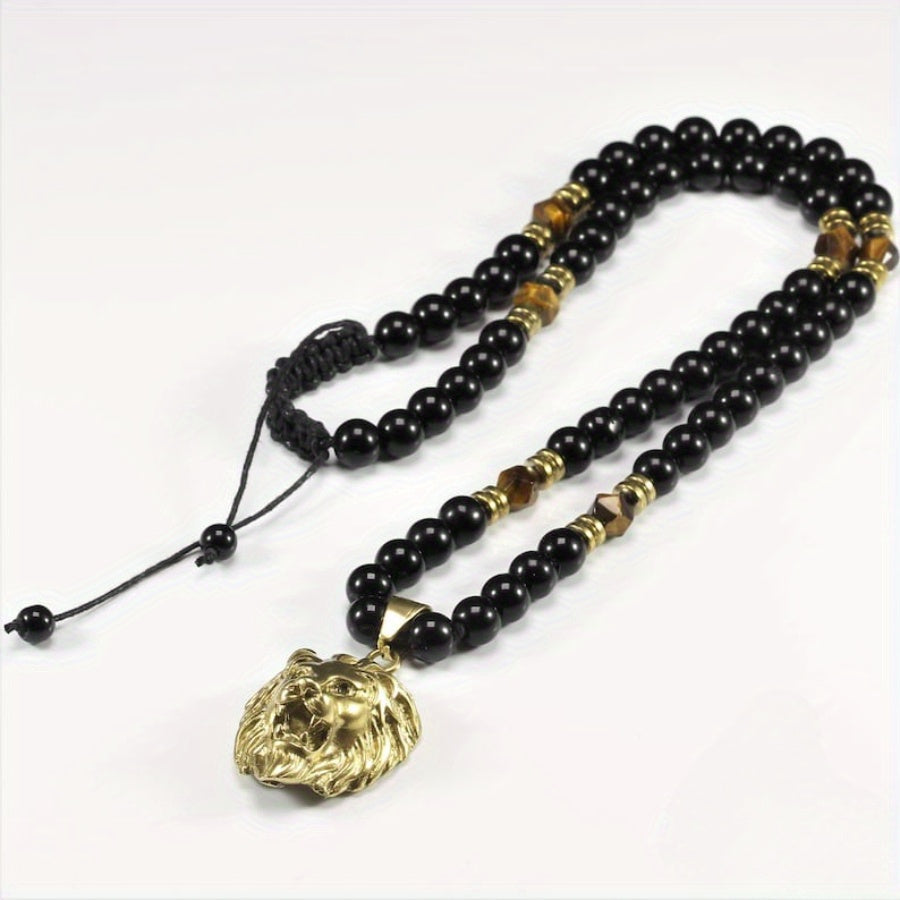 [Tiger Eye Lion Pendant] Natural Tiger Eye & Black Onyx Beads Fashion Lion Pendant Necklace