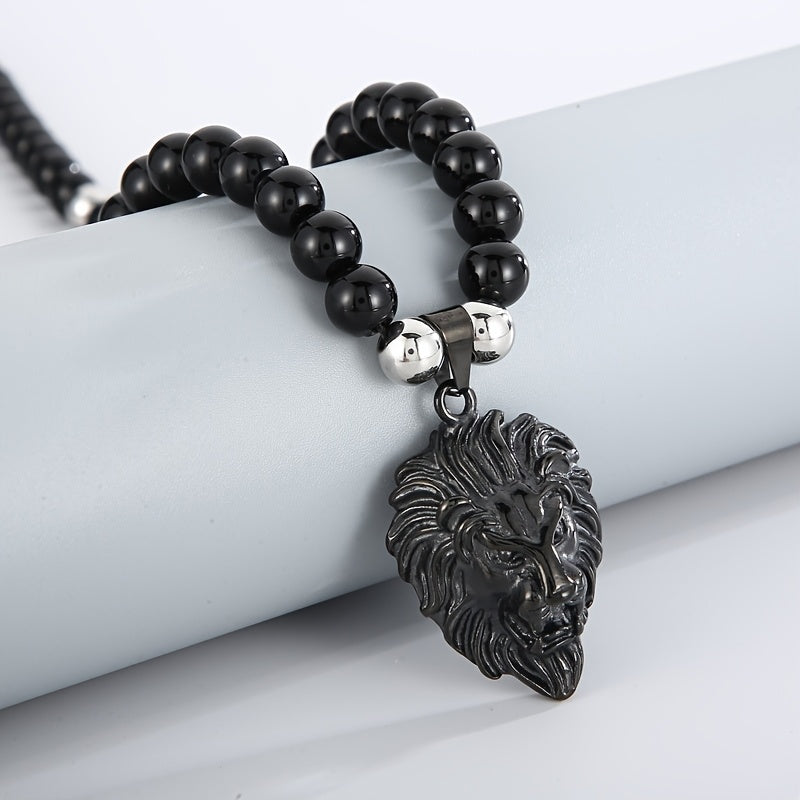 Lion Head Pendant Necklace with 8mm Black Agate Beads - Stainless Steel, 18K Golden Plated