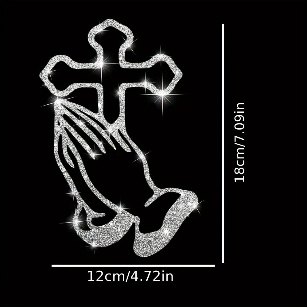 A Shiny Sticker Of A Cross With Hands Clasped In Prayer For Cars