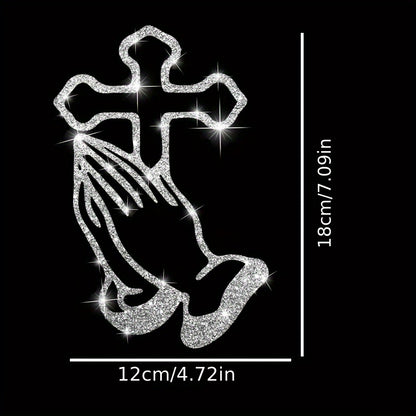 A Shiny Sticker Of A Cross With Hands Clasped In Prayer For Cars