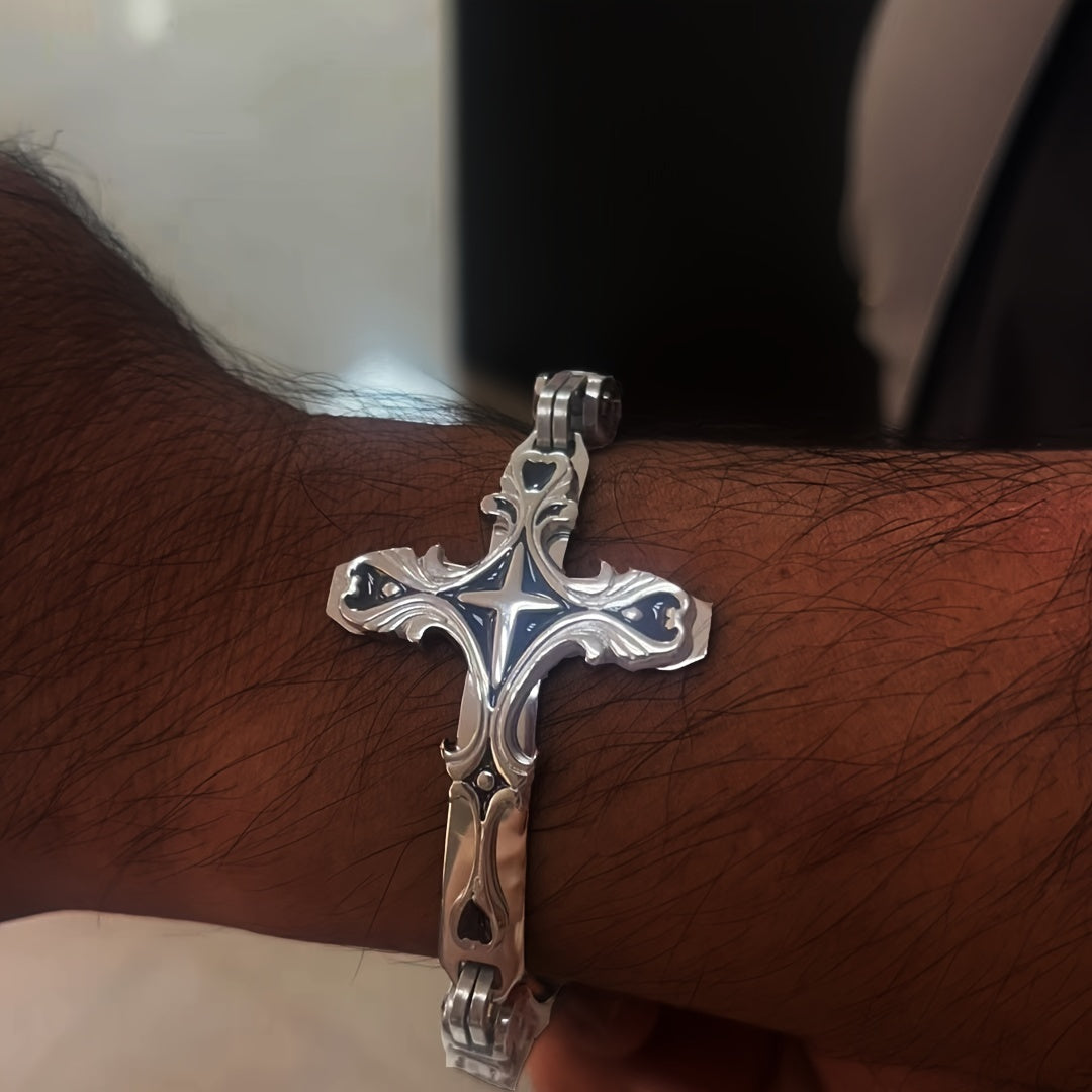 Thick Stainless Steel Cross Bracelet With 8mm Thick Emperor Chain