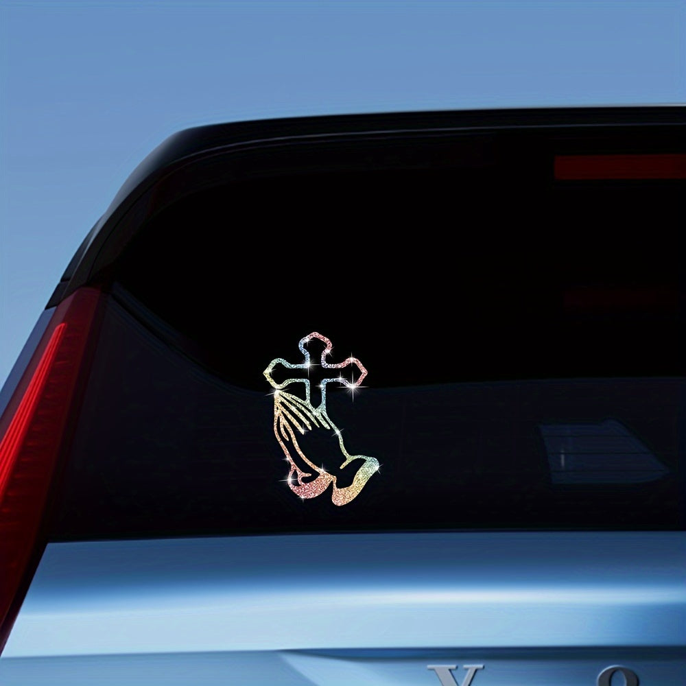 A Shiny Sticker Of A Cross With Hands Clasped In Prayer For Cars