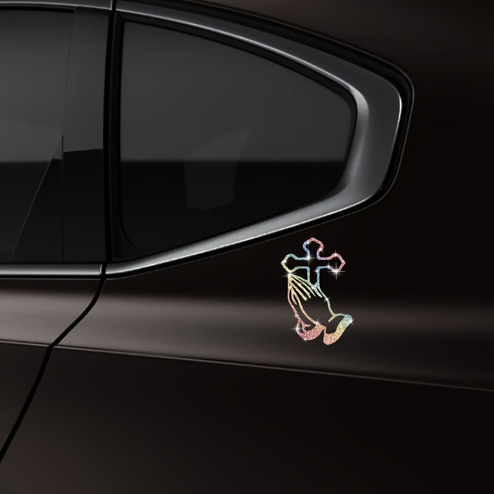 A Shiny Sticker Of A Cross With Hands Clasped In Prayer For Cars