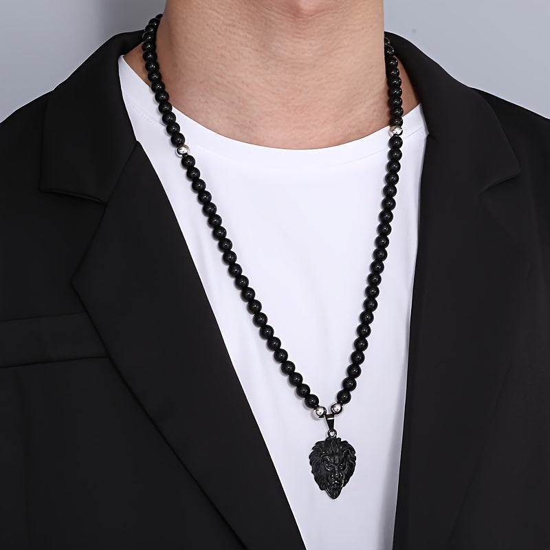 Lion Head Pendant Necklace with 8mm Black Agate Beads - Stainless Steel, 18K Golden Plated