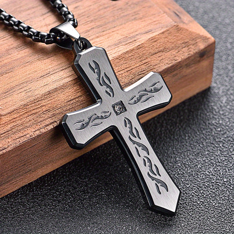 Stainless Steel Cross Pendant Necklace with Corroded Flame Design